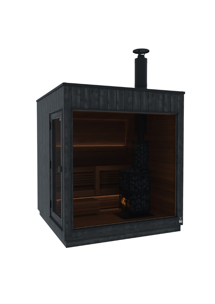 Thermasol Nordic Misty Large outdoor sauna, left door, wood-burning heater with chimney