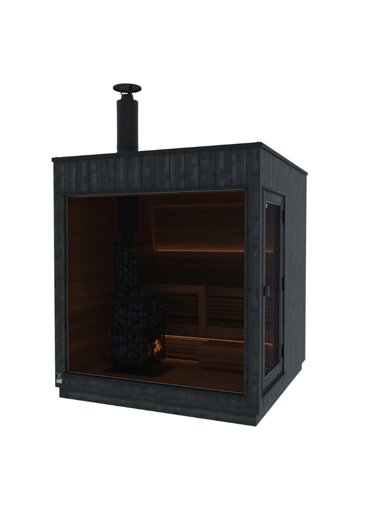 Thermasol Nordic Misty Large outdoor sauna, right door, wood-burning heater with chimney