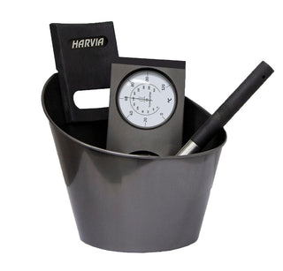 Harvia SA007 Deluxe Black Steel Bucket, Ladle, & thermometer/hydrometer set Harvia