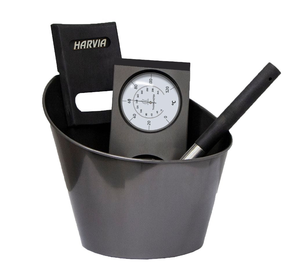 Harvia SA007 Deluxe Black Steel Bucket, Ladle, & thermometer/hydrometer set Harvia