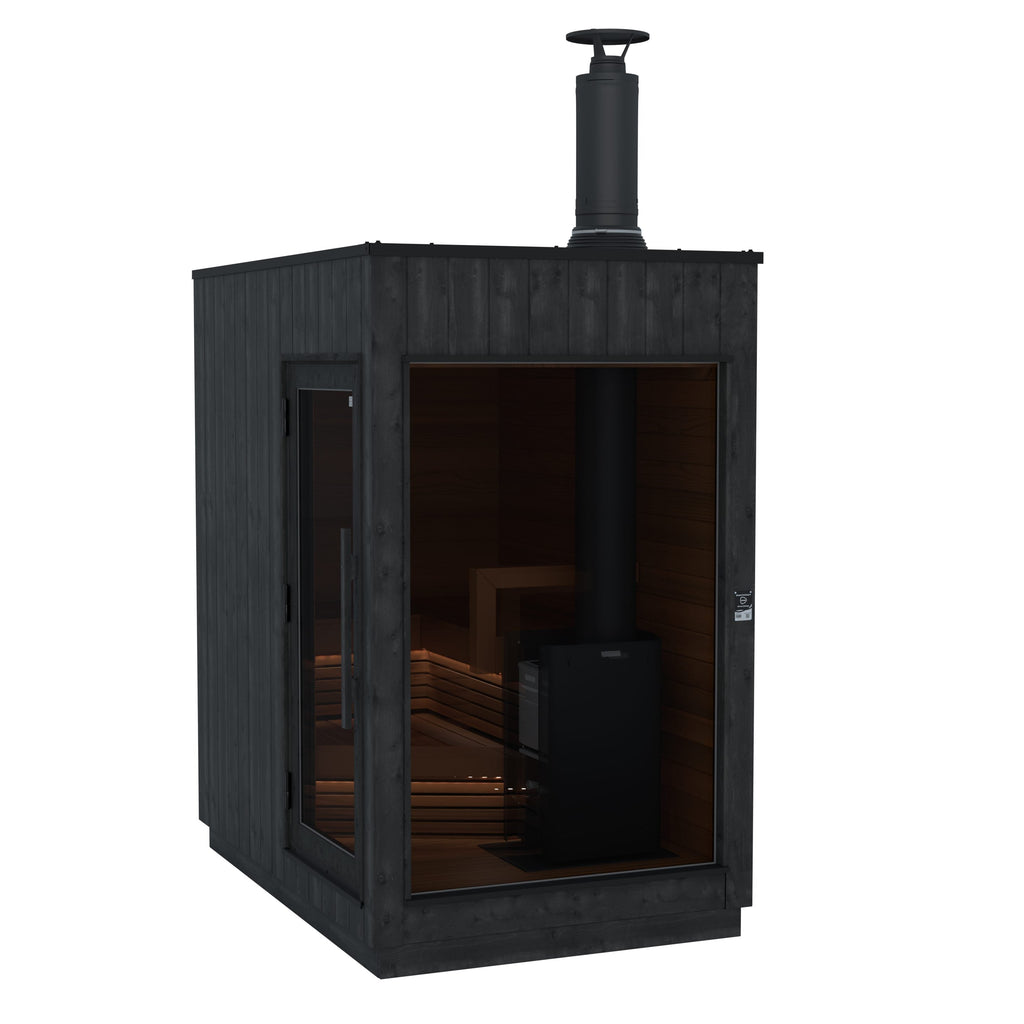 Thermasol Nordic Misty Small outdoor sauna, left door, wood-burning heater with chimney