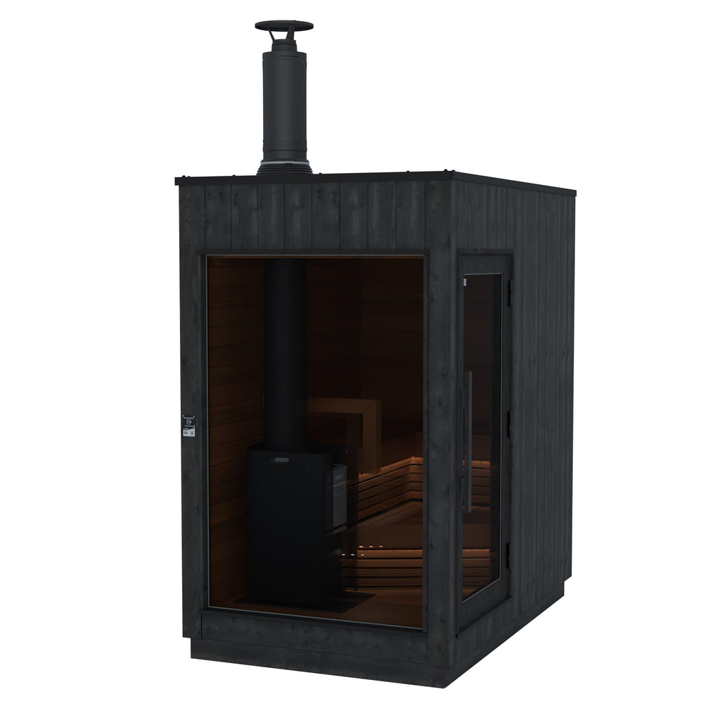 Thermasol Nordic Misty Small outdoor sauna, right door, wood-burning heater with chimney