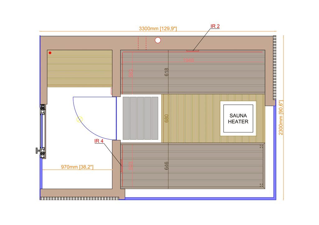 Thermasol Ombra outdoor sauna, floor plan with dimensions