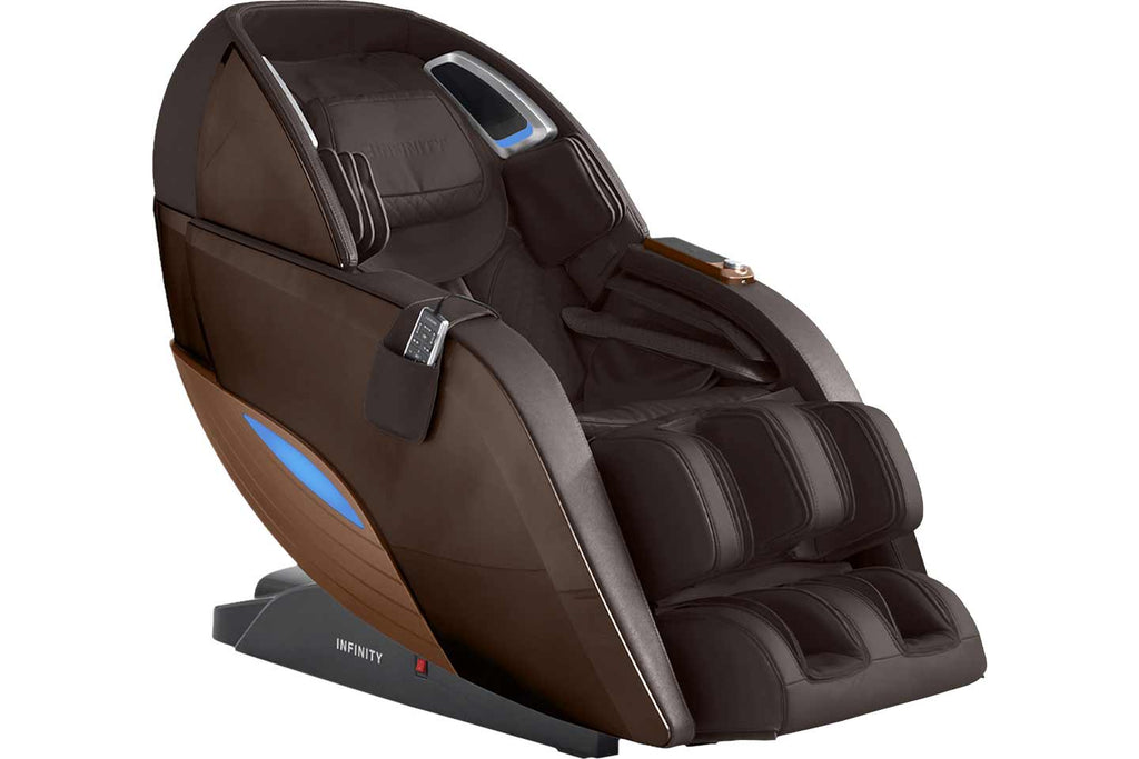 Infinity Dynasty 4D massage chair in Brown, front three-quarter view