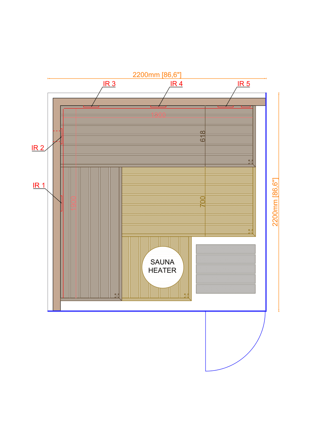 Thermasol Lumaria Large indoor sauna, floor plan