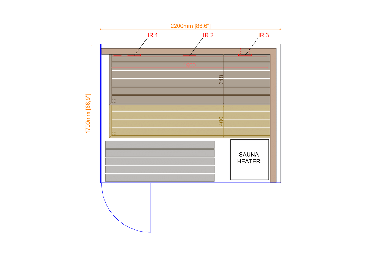 Thermasol Lumaria Medium indoor sauna, floor plan