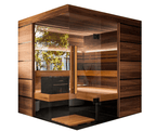 Thermasol Astra indoor sauna, corner view with glass front and wood panels