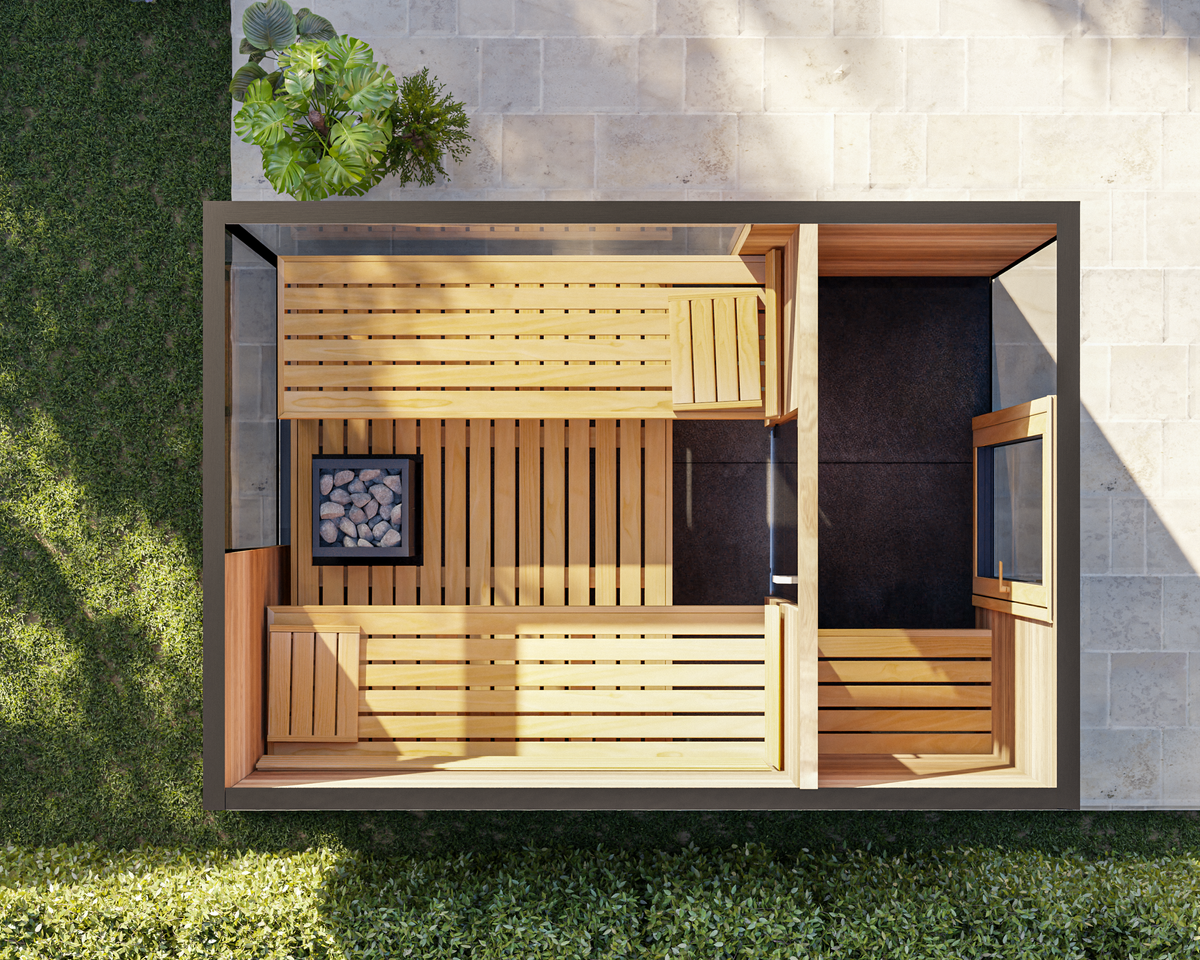 Top view of the Thermasol Ombra layout showing the sauna room with two benches and heater beside a separate changing room
