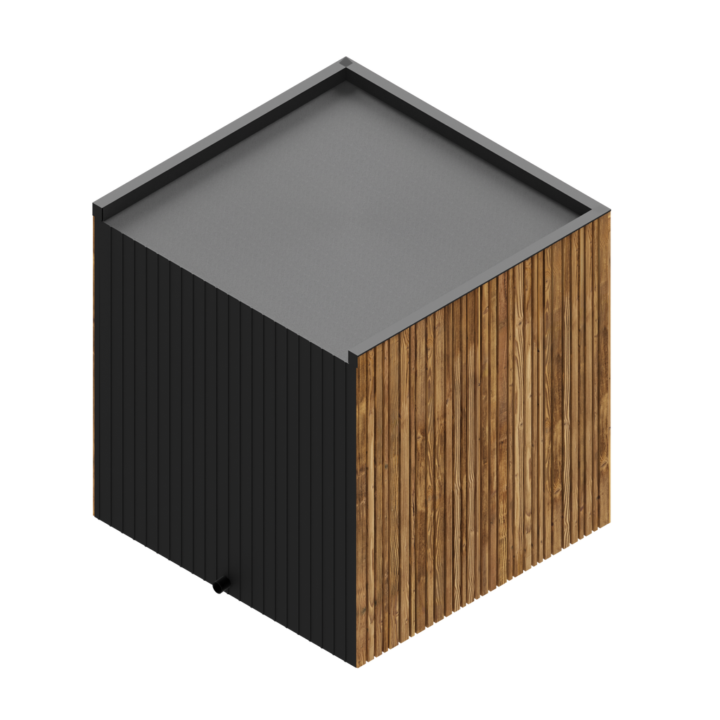 Thermasol Spectra outdoor sauna, exterior view with vertical wood cladding and flat roof