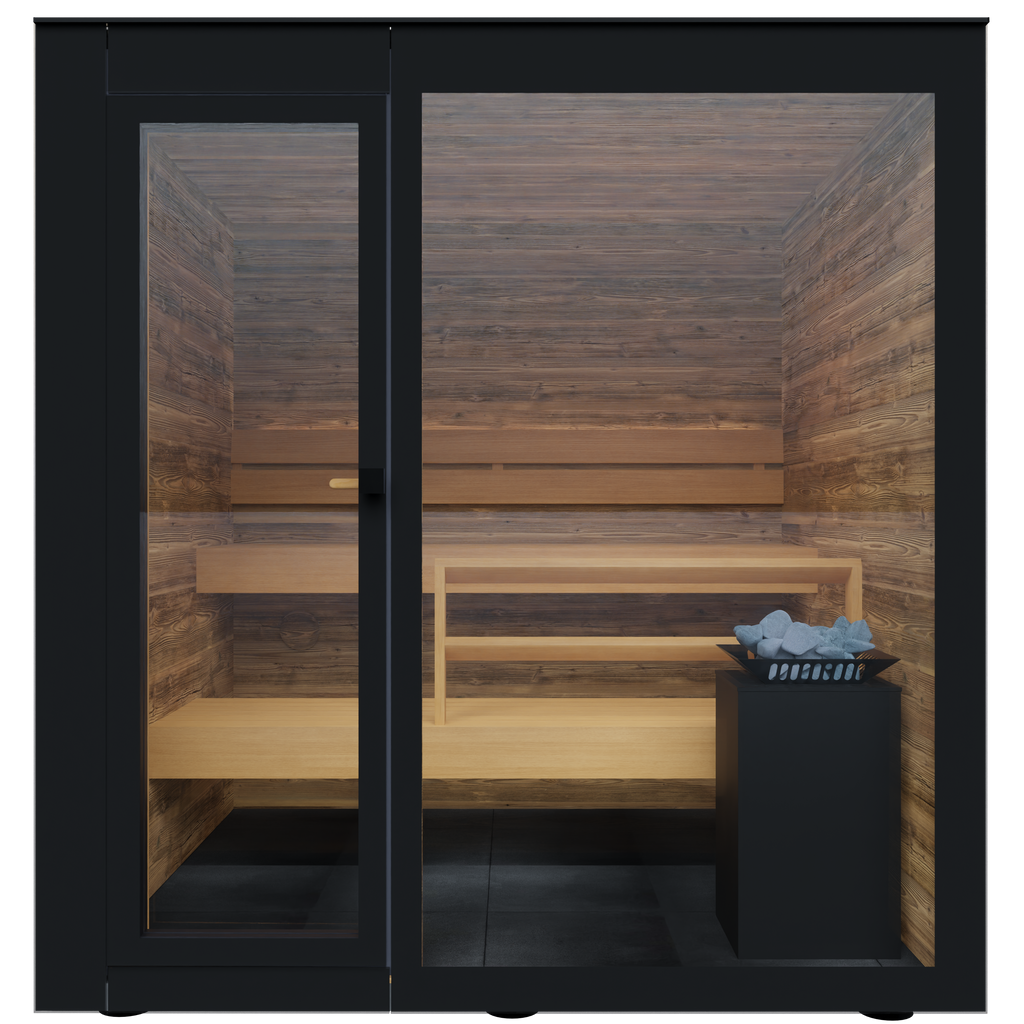 Thermasol Spectra outdoor sauna, front view through the glass with benches and heater