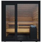 Thermasol Spectra outdoor sauna, front view through the glass with benches and heater