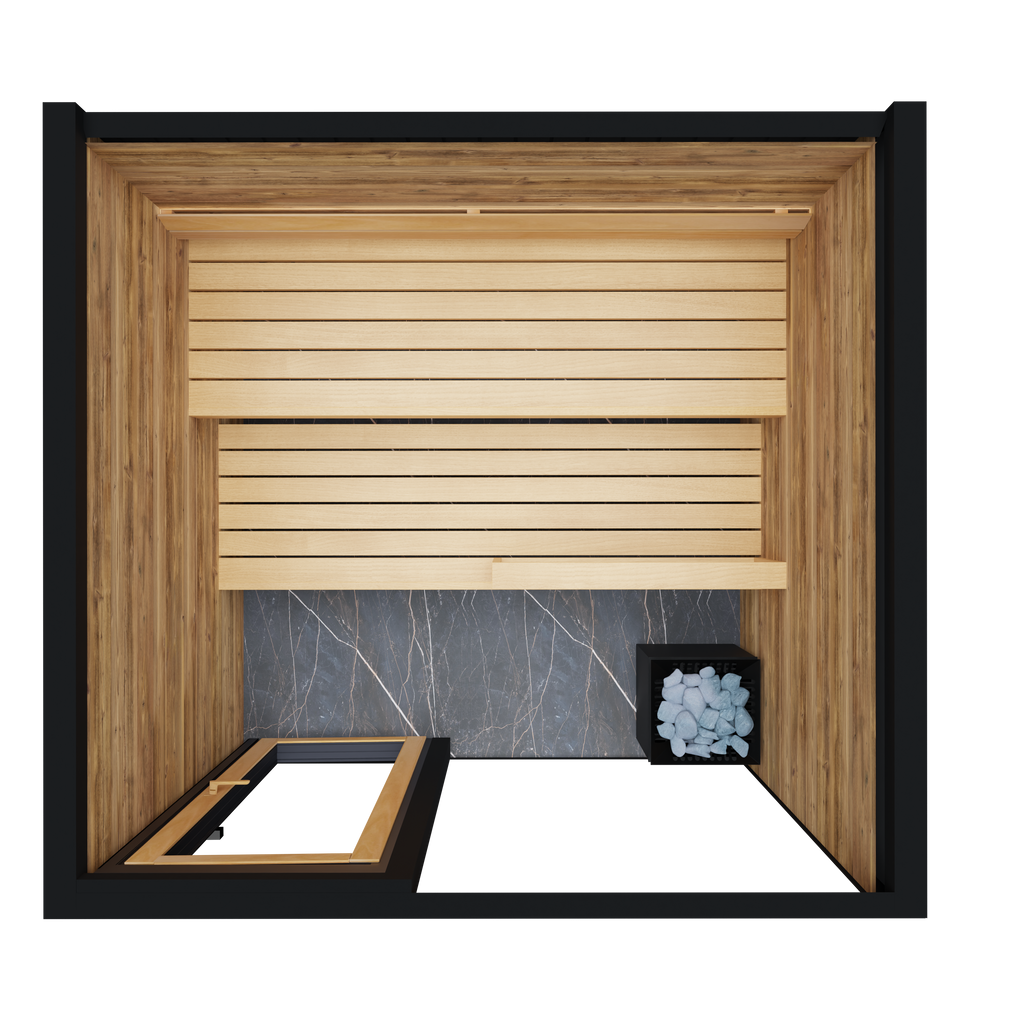 Thermasol Spectra outdoor sauna, top-down view of the bench and heater layout