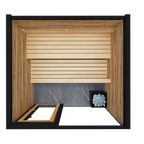Thermasol Spectra outdoor sauna, top-down view of the bench and heater layout