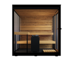 Thermasol Vue outdoor sauna, front view through the glass with two-tier benches and heater