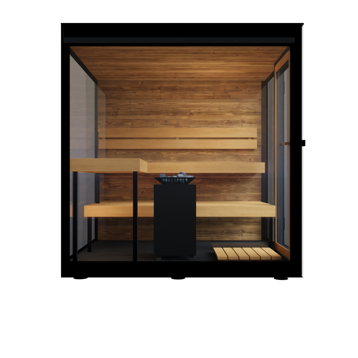 Thermasol Vue outdoor sauna, front view through the glass with two-tier benches and heater
