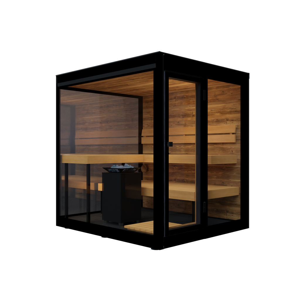 Thermasol Vue outdoor sauna, perspective view of the glass walls with benches and heater inside