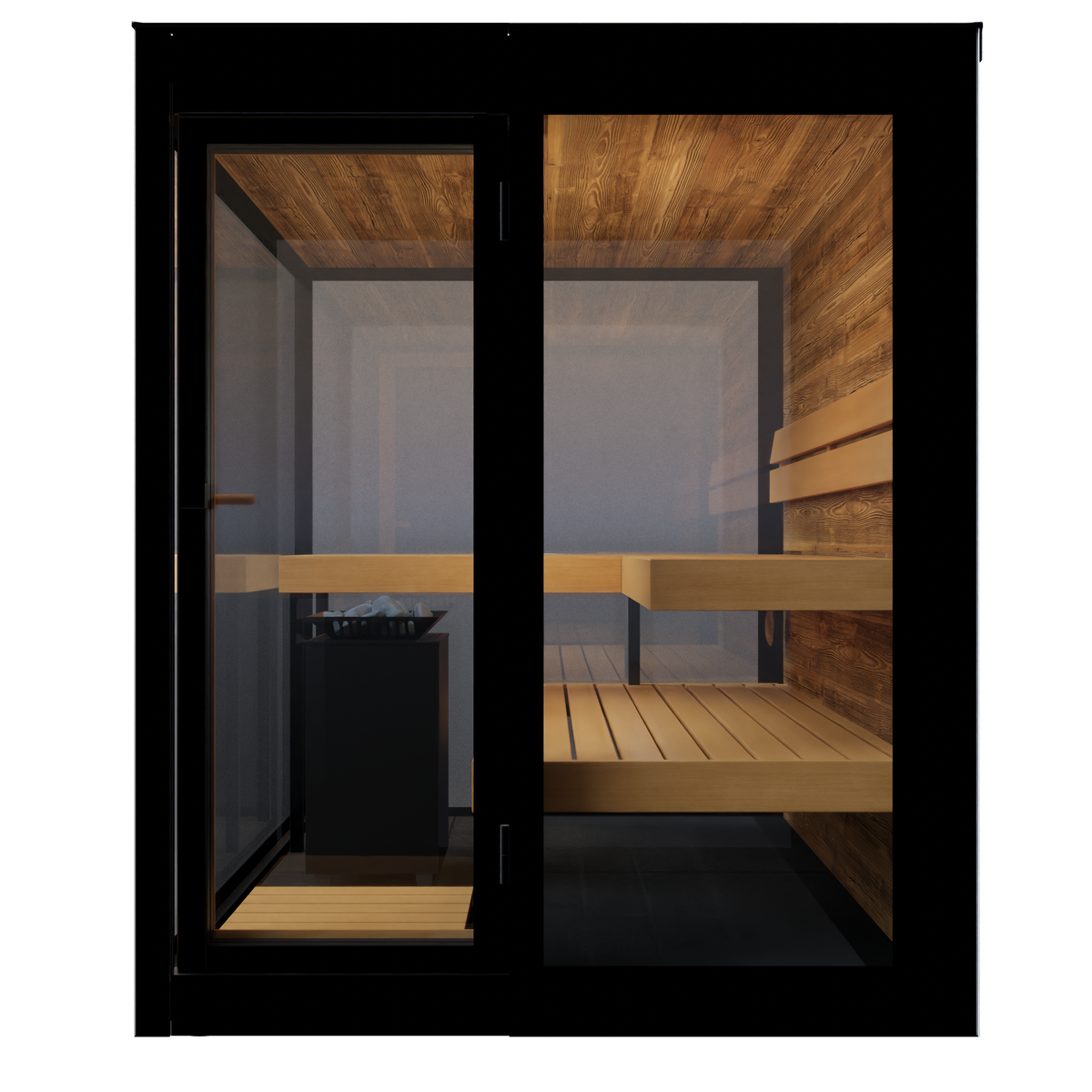 Thermasol Vue outdoor sauna, side view through the glass door and window