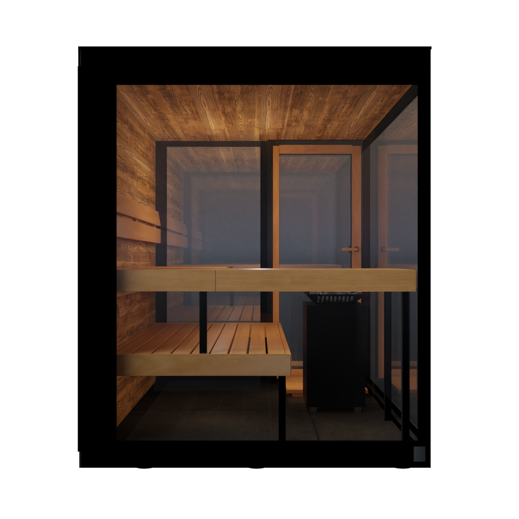 Thermasol Vue outdoor sauna, side view of the benches and heater