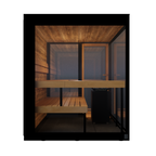 Thermasol Vue outdoor sauna, side view of the benches and heater