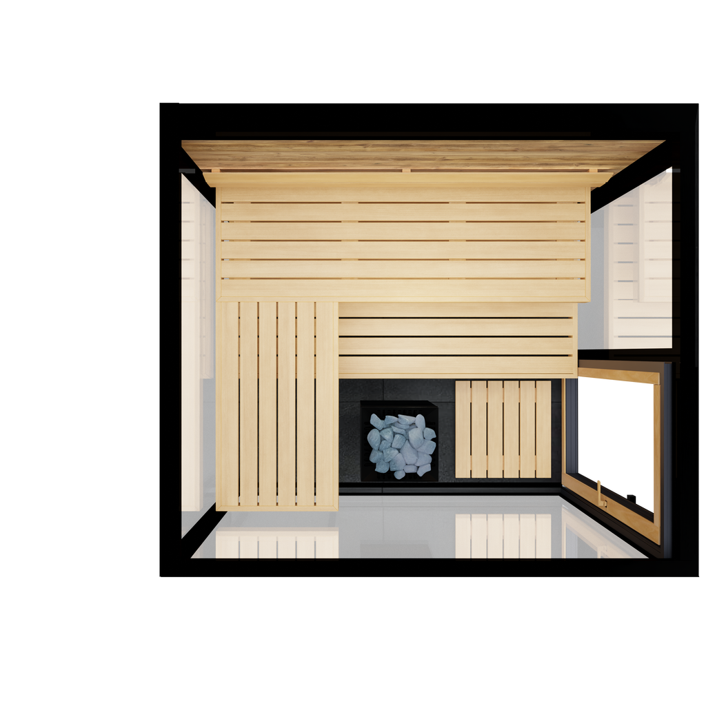 Thermasol Vue outdoor sauna, top-down view of the bench layout and heater