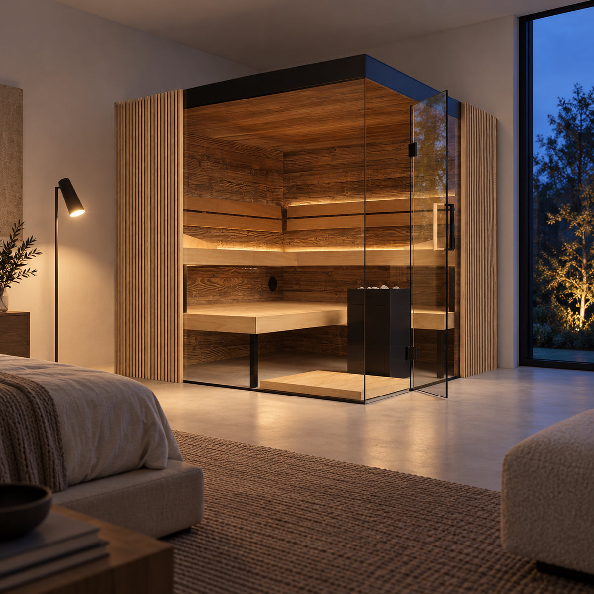 Thermasol Aalto sauna with textured wood panels seen across a bedroom in the evening