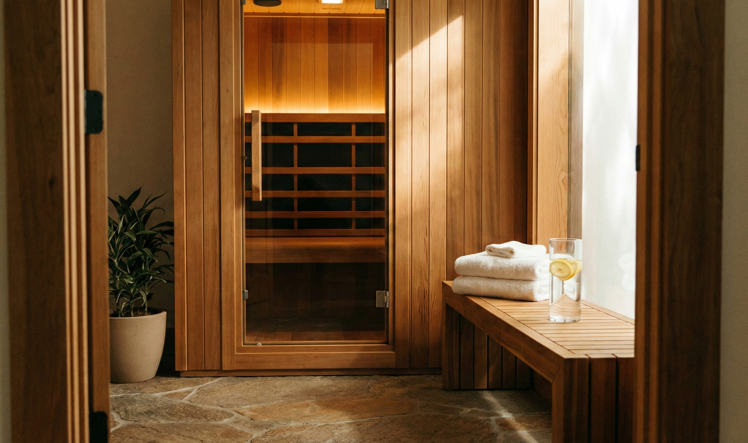 Infrared sauna with wooden interior, towels, and a plant in a well-lit room.