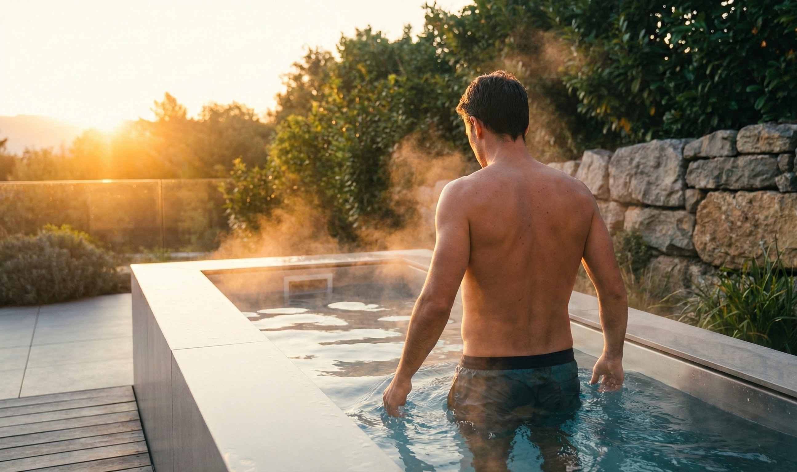 Man standing in a pool with a scenic background of trees and sunset.