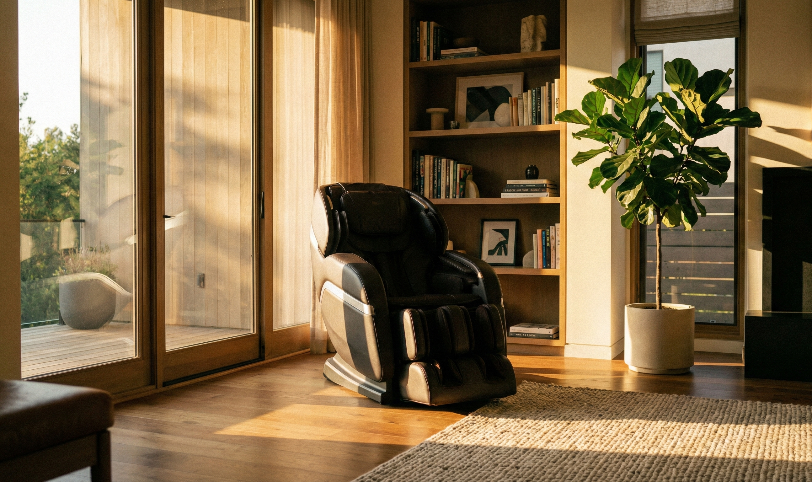 Modern living room with a massage chair, bookshelf, and large windows.