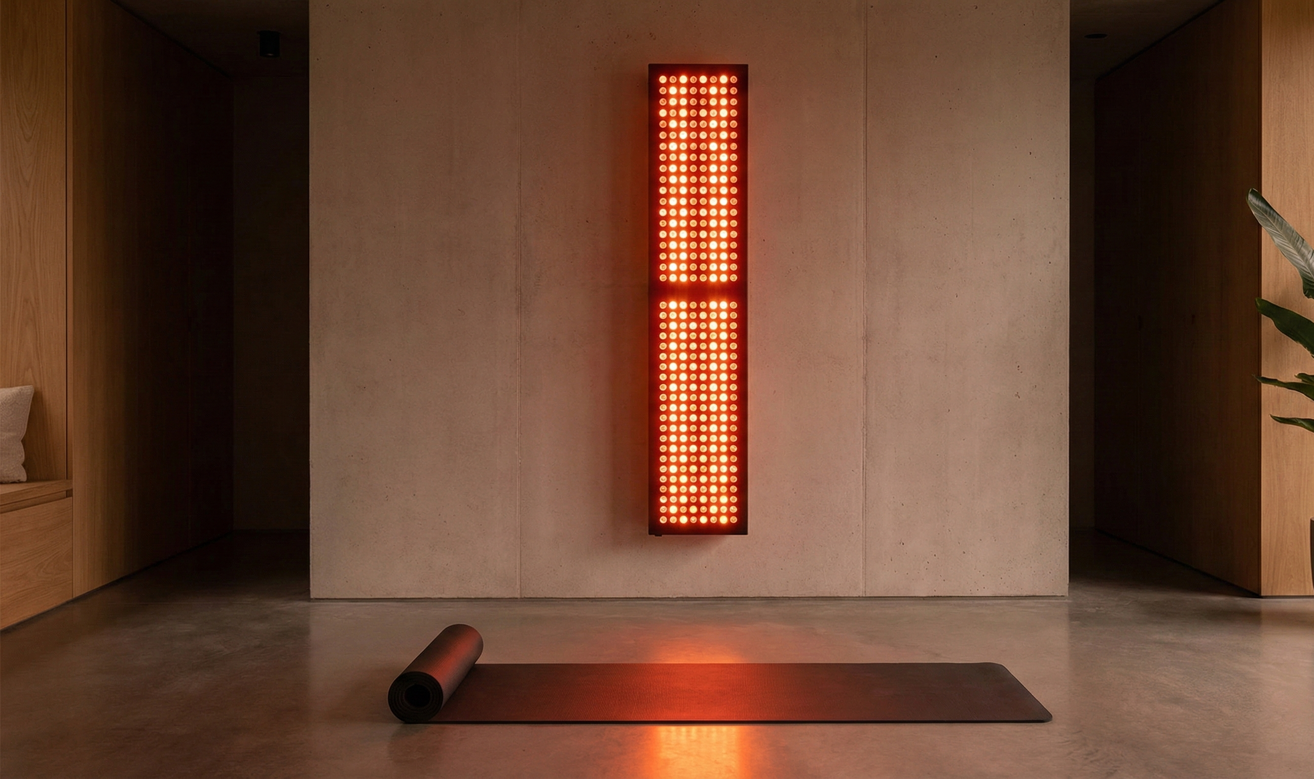 Modern indoor setting with a vertical light fixture on a wall, a yoga mat on the floor, and a plant.