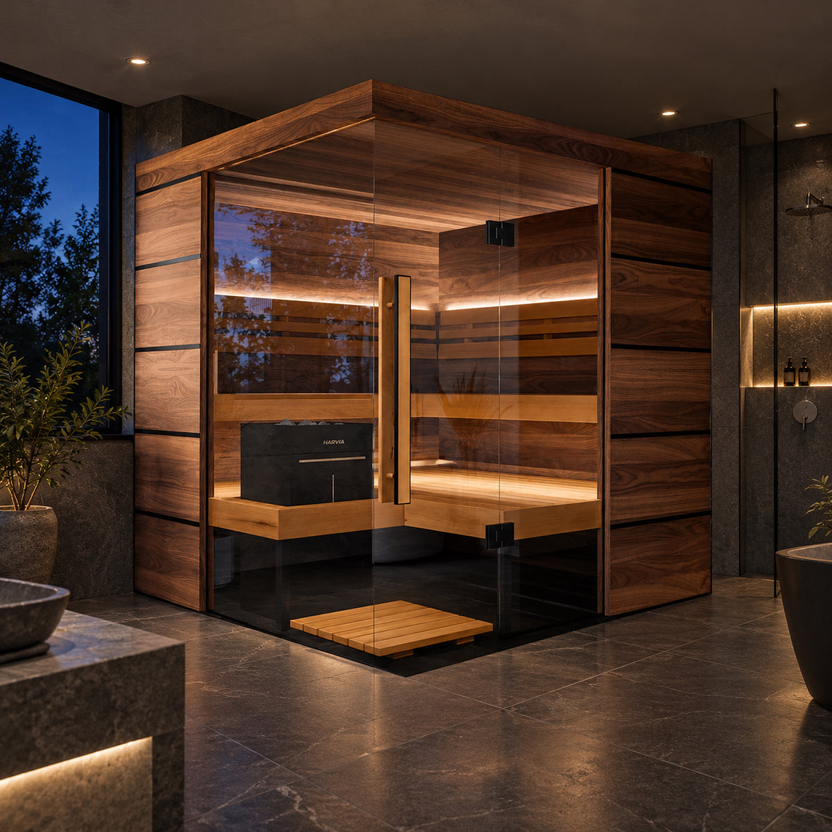 Thermasol Astra glass and wood sauna in a dark spa bathroom at dusk