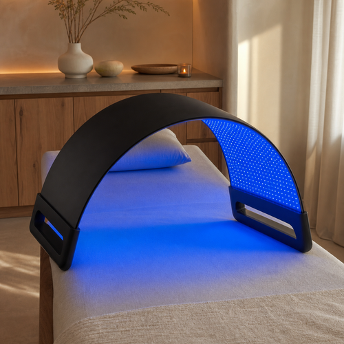 Lumara Illuminate blue light therapy canopy over a treatment lounge
