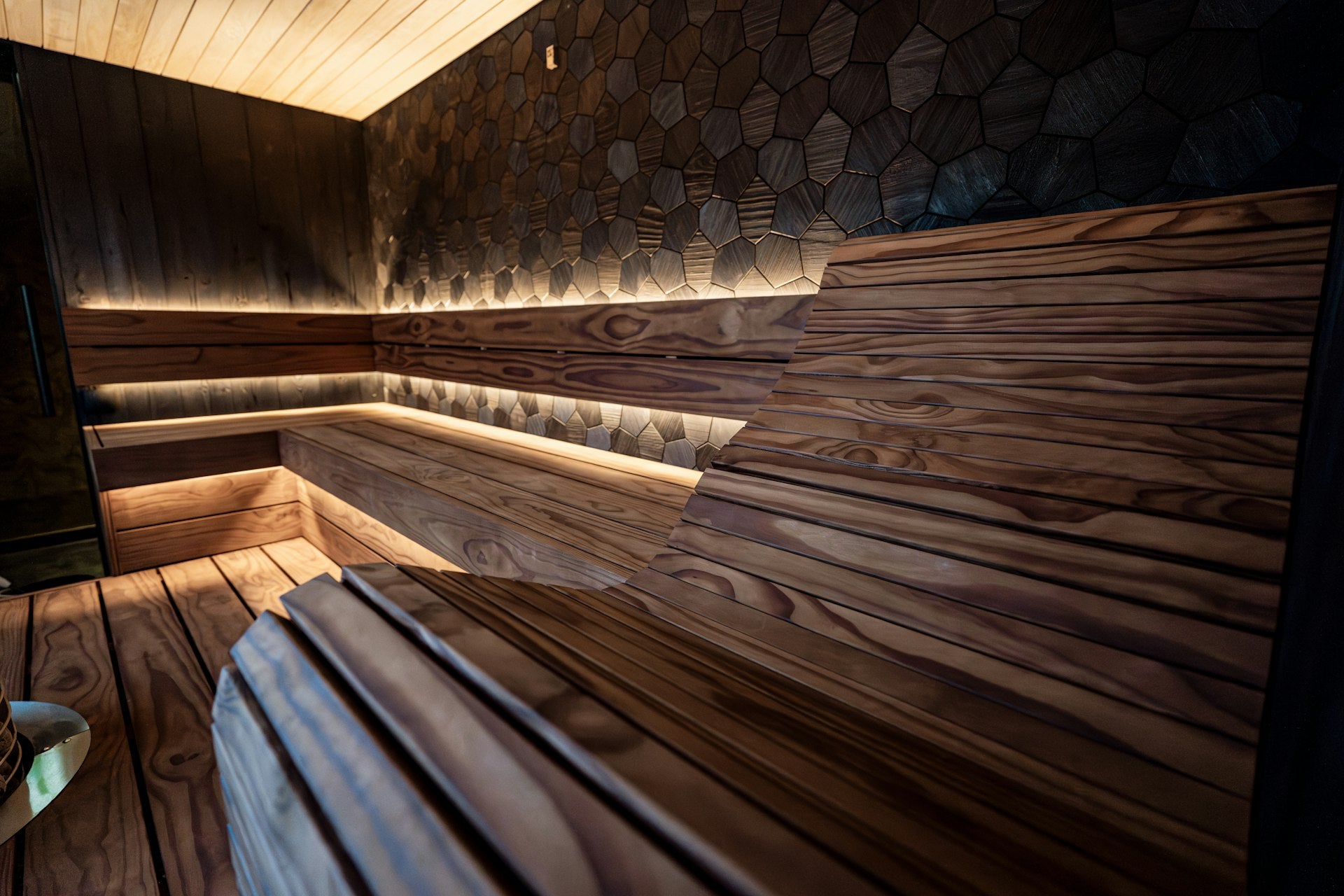 Luxurious wooden sauna with ambient lighting