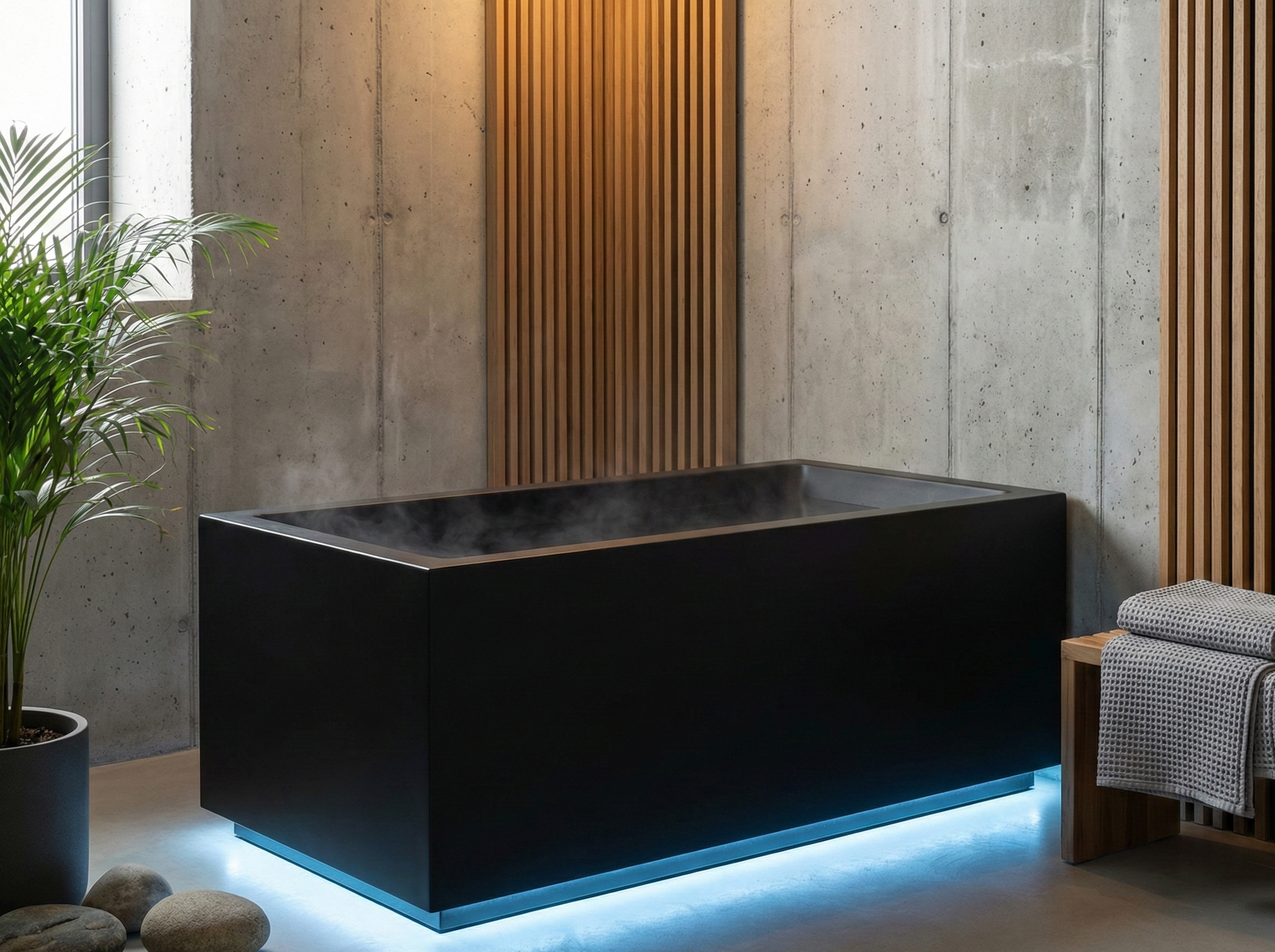 Modern black freestanding cold plunge tub with LED lighting in a bathroom setting.