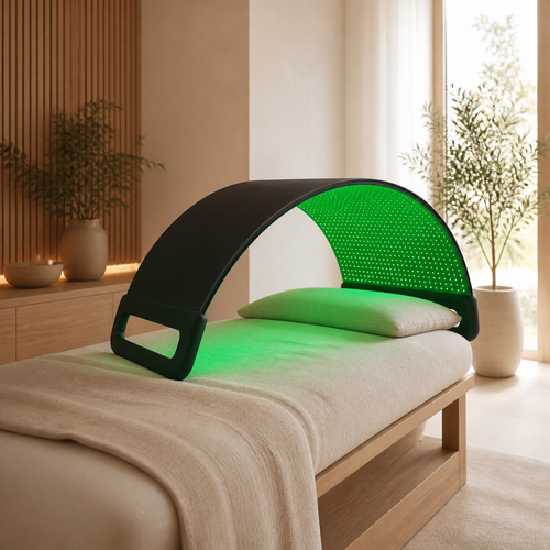 Lumara Illuminate green light therapy canopy over a treatment lounge