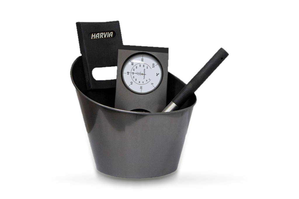 Harvia Black Steel sauna set: bucket, ladle and thermometer/hygrometer