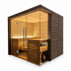 Harvia Lindea View indoor sauna, corner view with glass door and lit lime wood benches on a white background