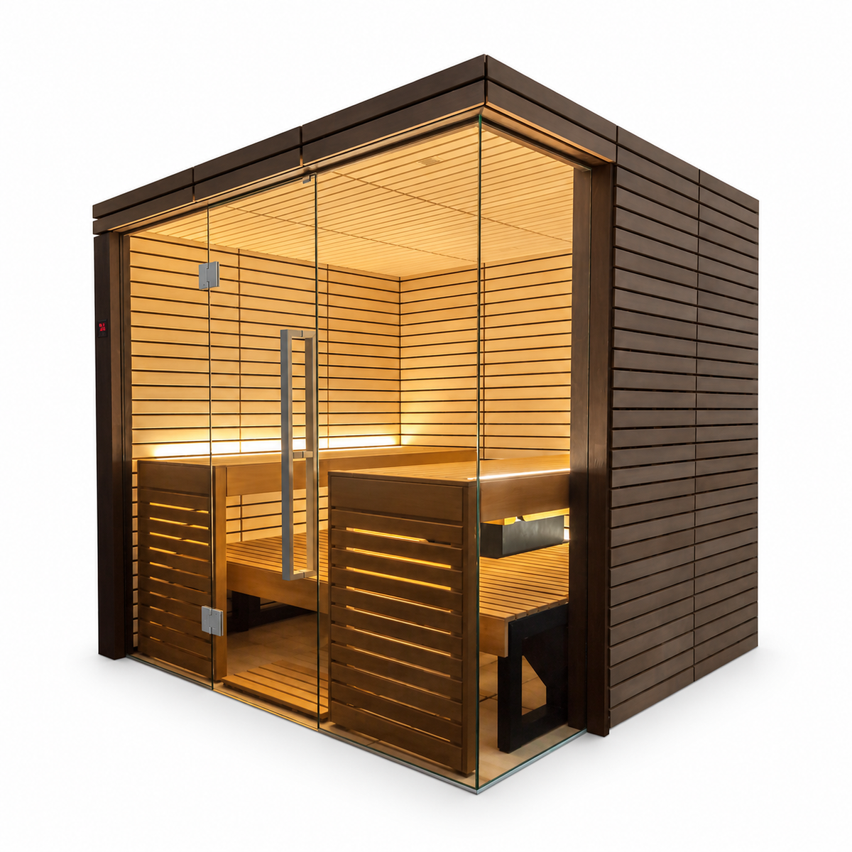 Harvia Lindea View indoor sauna, corner view with glass door and lit lime wood benches on a white background