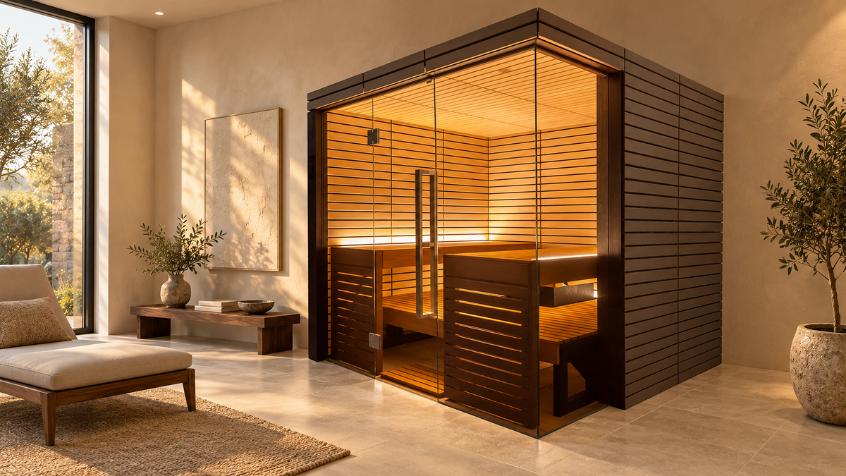 Harvia Lindea View indoor sauna with dark horizontal wood slats and a glass front in a sunlit living room