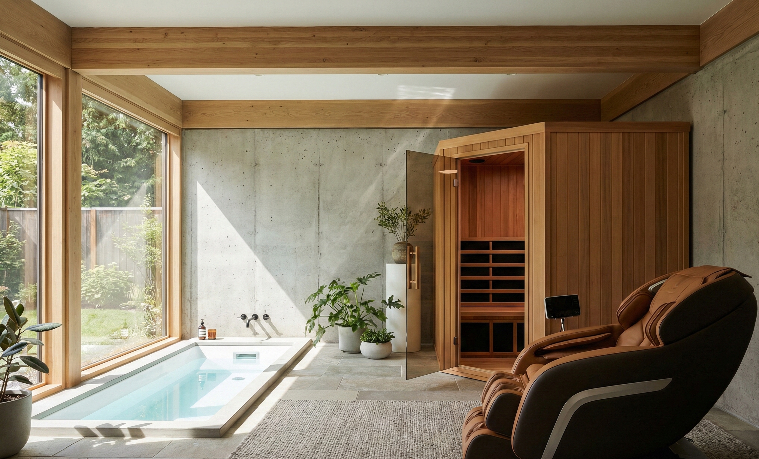 Modern indoor setting with a massage chair, sauna, and pool area.