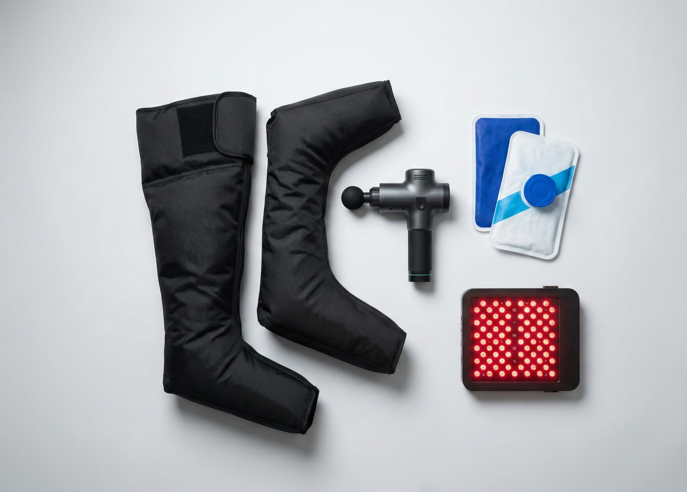 Black knee-high boots, massage gun, LED light device, and packets on a white background