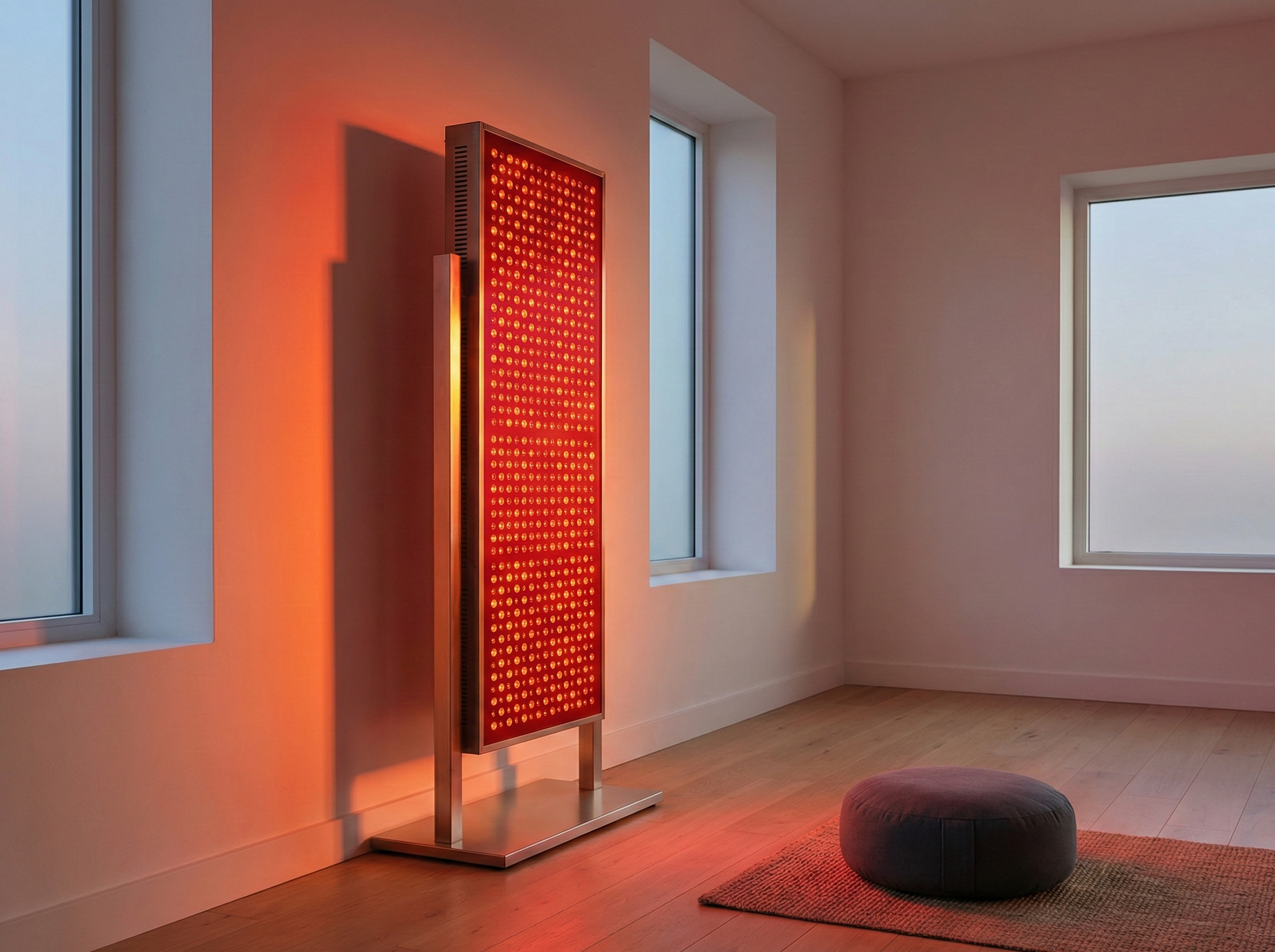 Modern room with a red light-emitting device on a wooden floor.