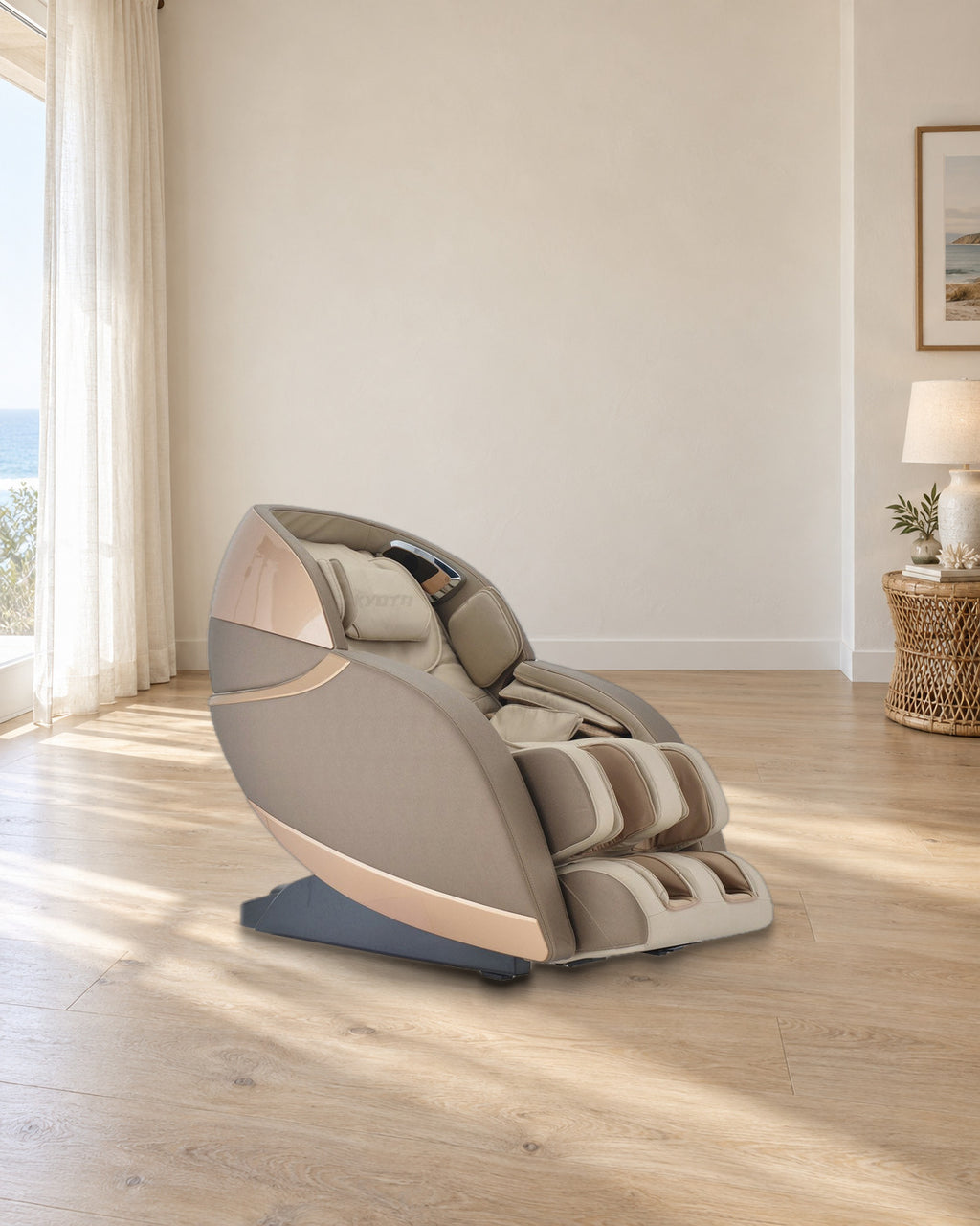 Kyota Kansha M878 in Tan in a sunlit sitting area (illustrative room, real chair photograph)