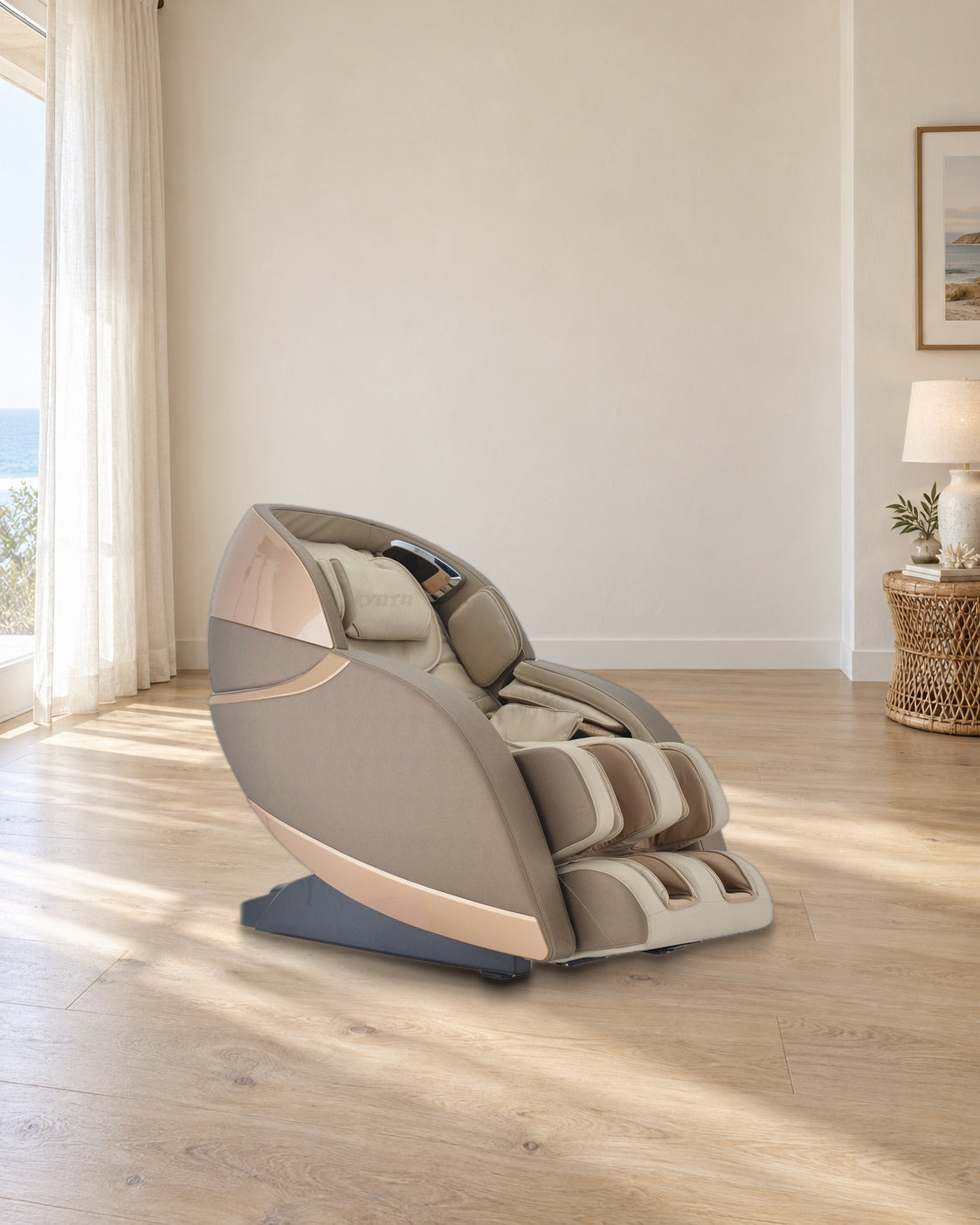Kyota Kansha M878 in Tan in a sunlit sitting area (illustrative room, real chair photograph)