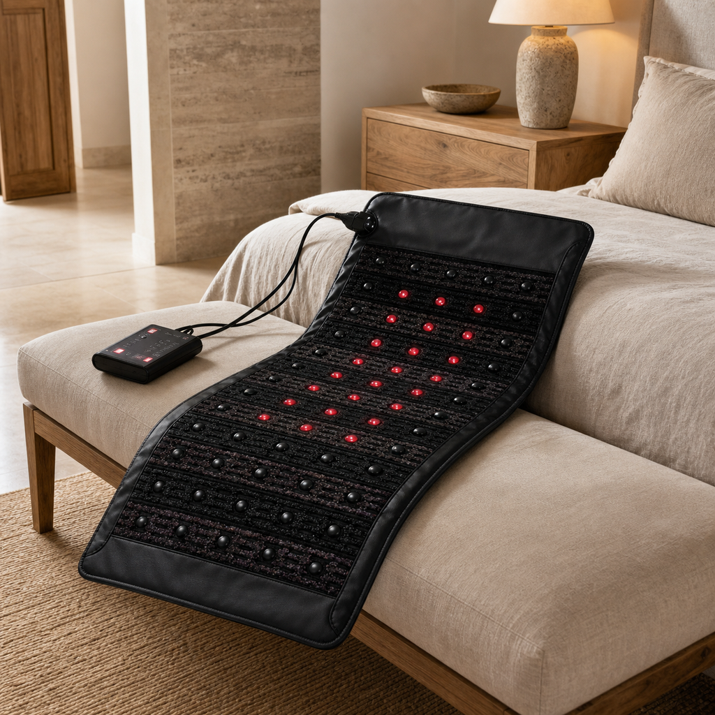 TheraPro Large recovery pad draped over a bench in a home recovery corner