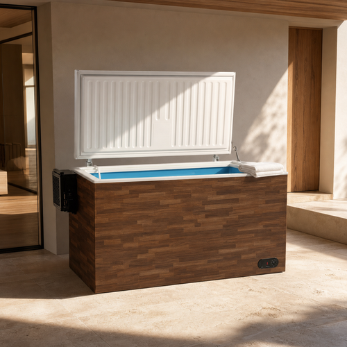 Fire All-In-One cold plunge on a covered stone patio