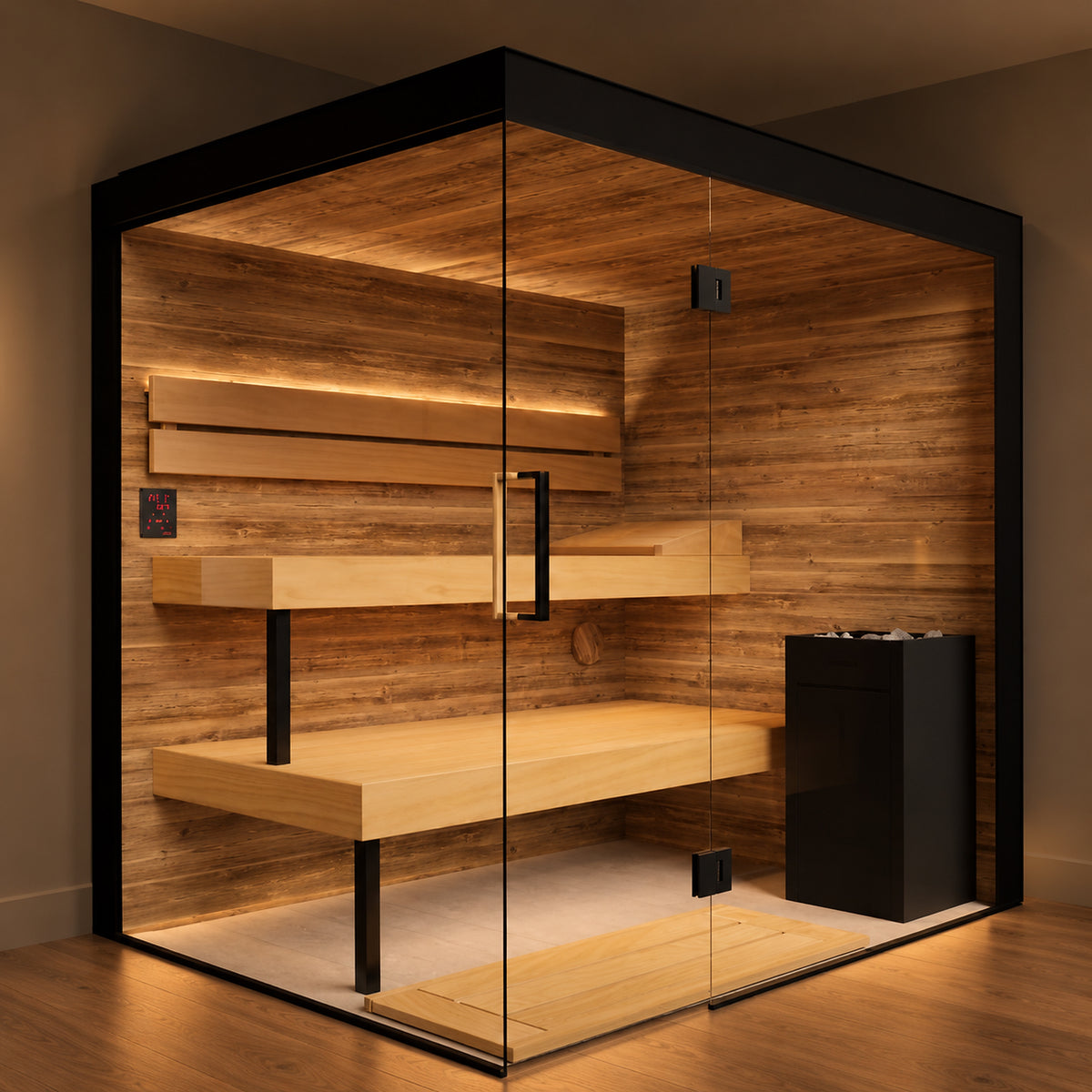 Thermasol Lumaria sauna glass corner in the evening with the wood interior lit