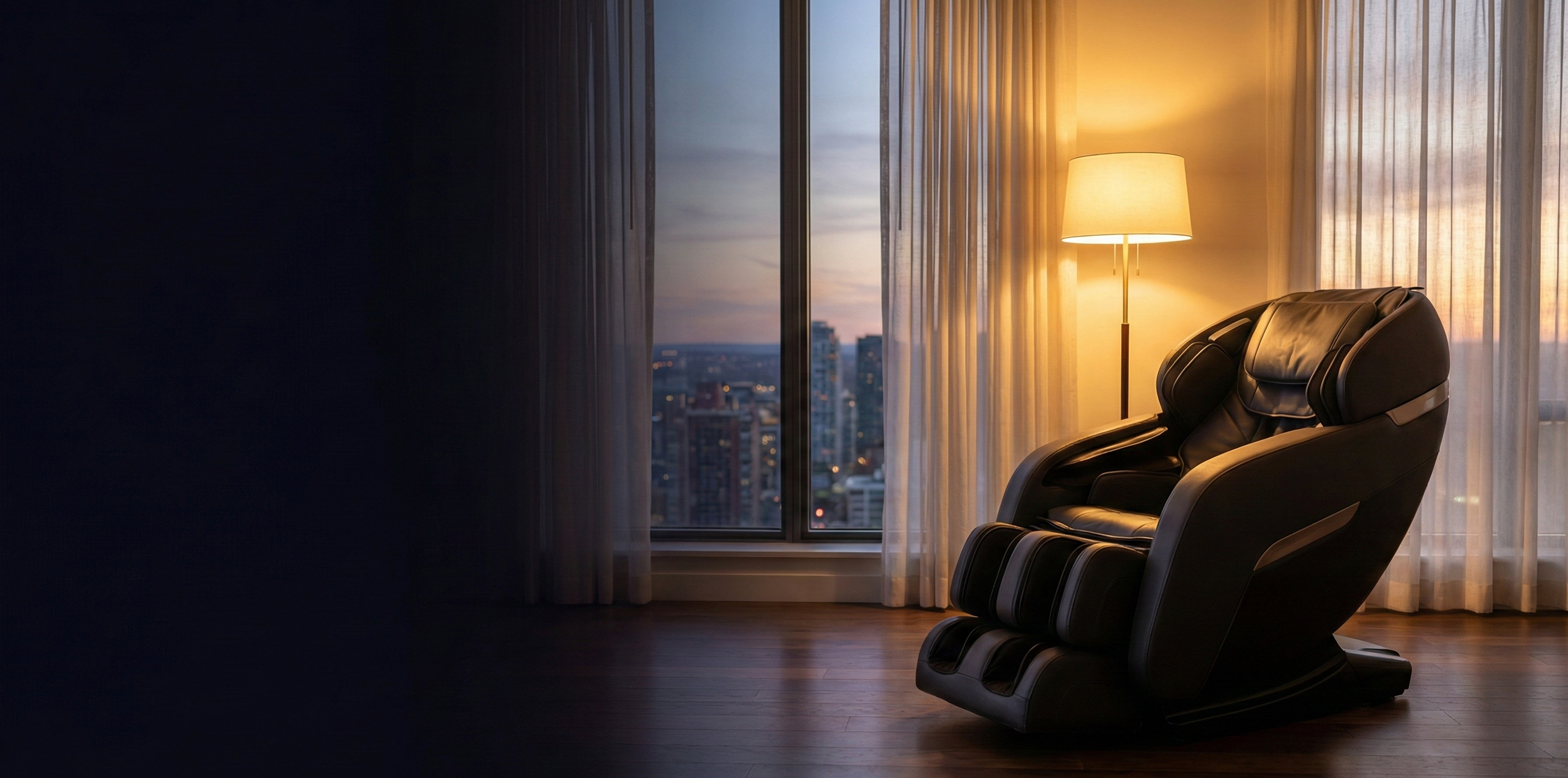 Black massage chair in a room with large windows and a cityscape view.