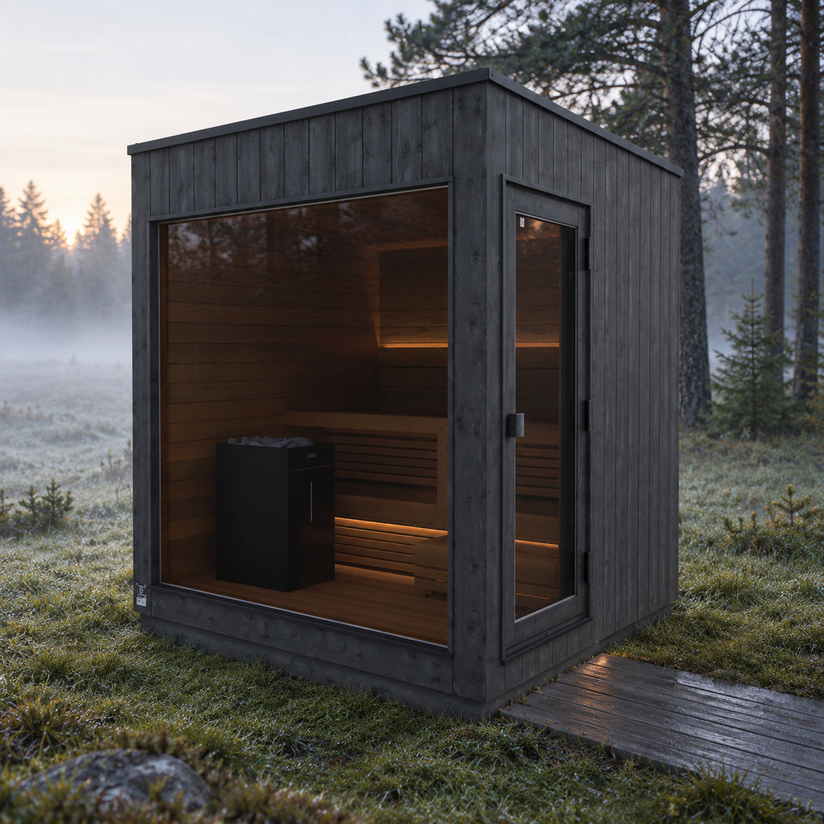 Thermasol Nordic Misty outdoor sauna in a misty meadow in the morning, seen from the door side