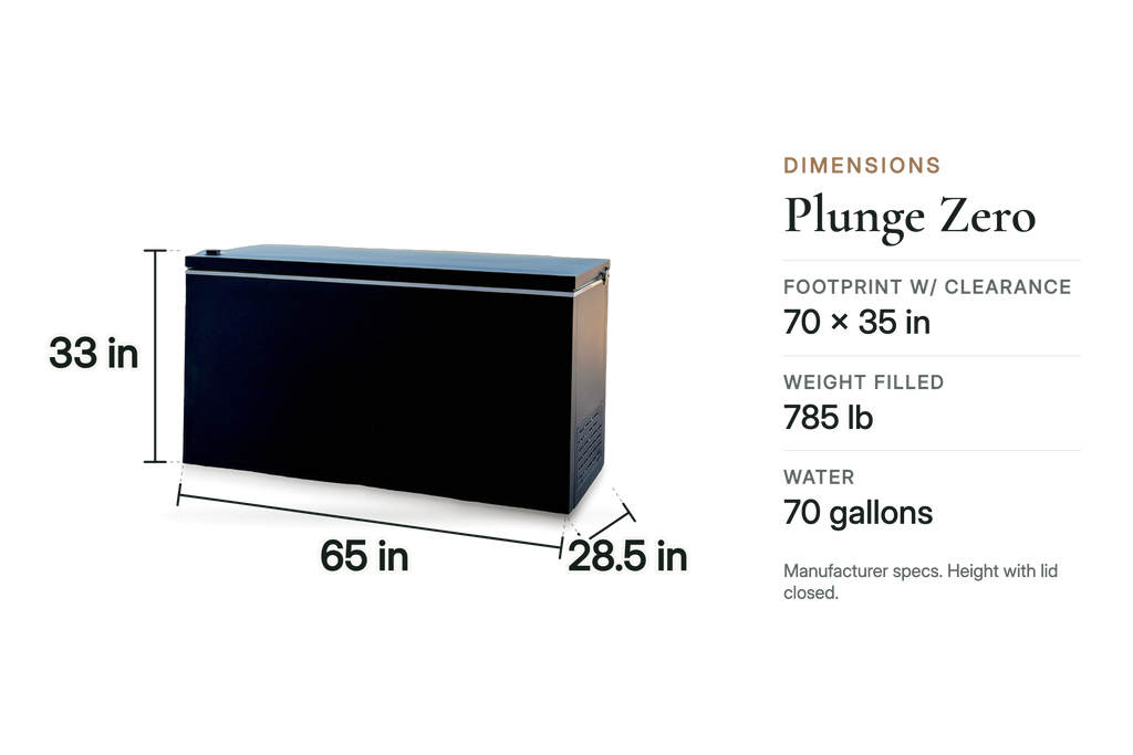 Plunge Zero Residential in Black, dimensions: 65 in long, 28.5 in wide, 33 in high with the lid closed; footprint 70 x 35 in with clearance; 180 lb empty, 785 lb filled; standard 120V / 15A GFCI outlet