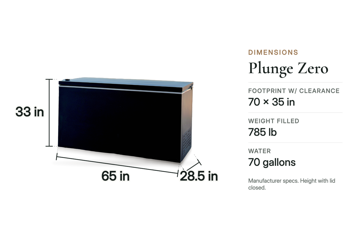 Plunge Zero Residential in Black, dimensions: 65 in long, 28.5 in wide, 33 in high with the lid closed; footprint 70 x 35 in with clearance; 180 lb empty, 785 lb filled; standard 120V / 15A GFCI outlet